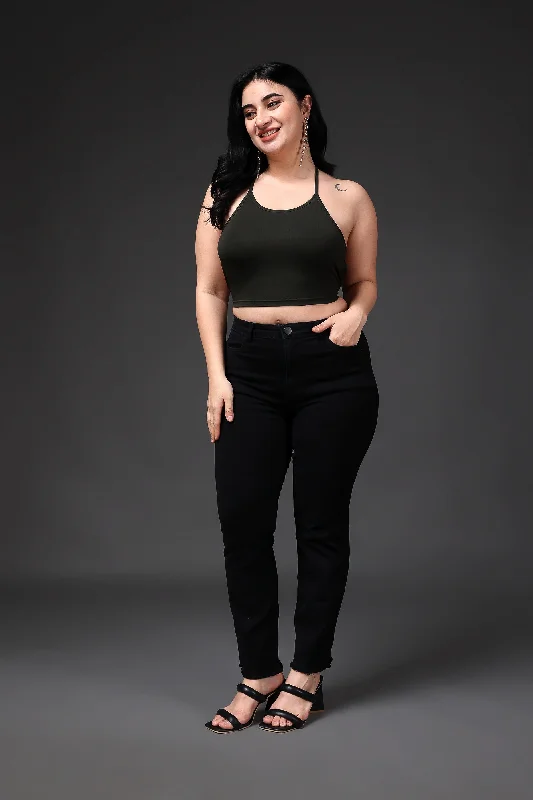 Clearance Sale Olive Green Solid Back Tie Crop Top