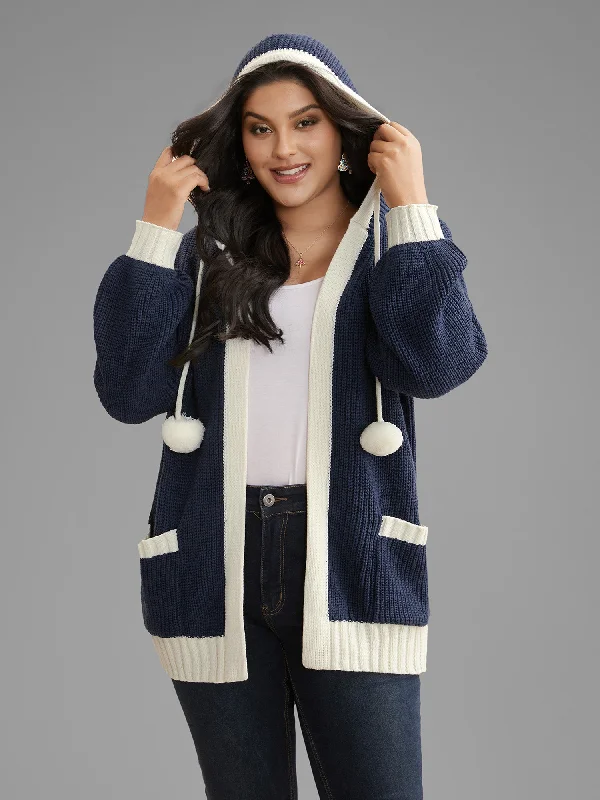 Big Deal Contrast Hood Hemline Pockets Open Cardigan