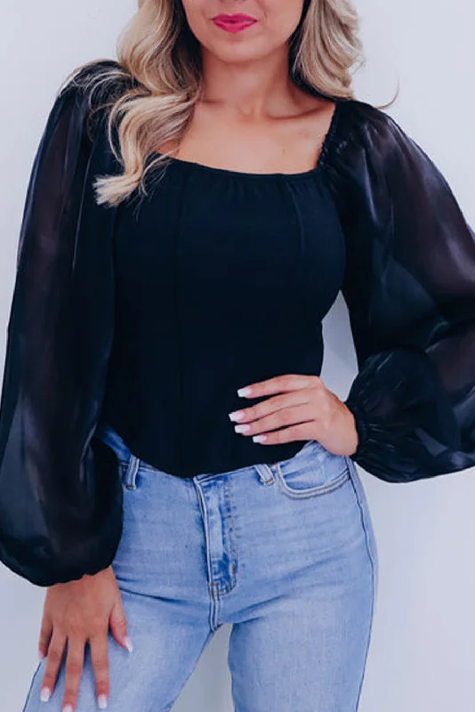 Weekend Wonders Await! Black Sheer Lantern Sleeve Square Neck Top