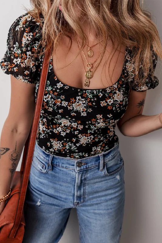 Super Deal Black Floral Print U Neck Short Puff Sleeve Bodysuit