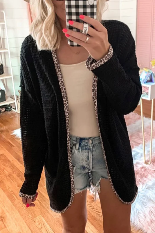 Stock Clearance KaleaBoutique Beautiful Leopard Contrast Waffle Knit Open Front Cardigan