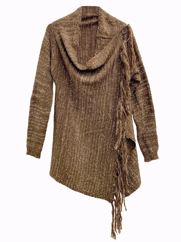 Today Only Brown Knit Asymmetrical Draped Sweater With Fringe