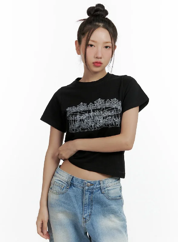 Weekend Discounts to Celebrate Merry-Go-Around Cotton Graphic Crop Tee CL410