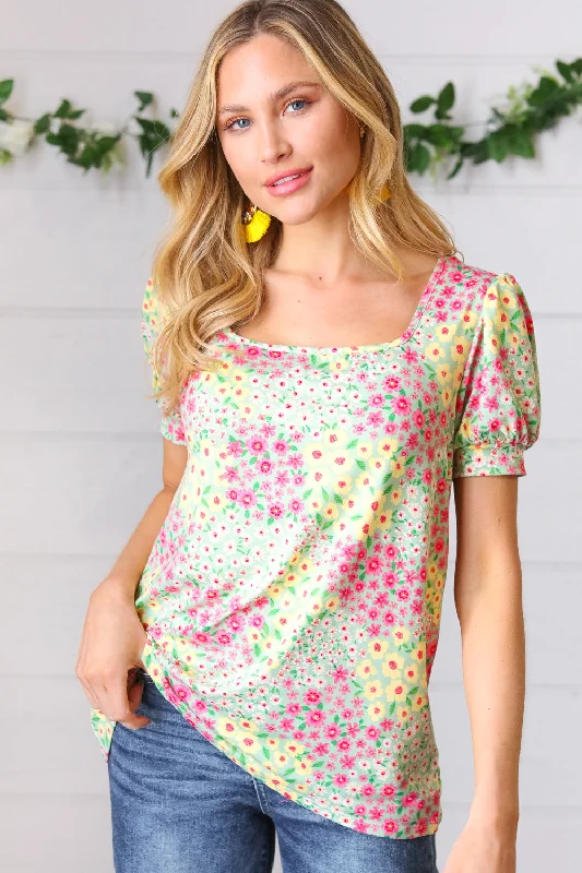 Weekend Deals That Excite Canary/Mint Floral Square Neck Bubble Sleeve Top