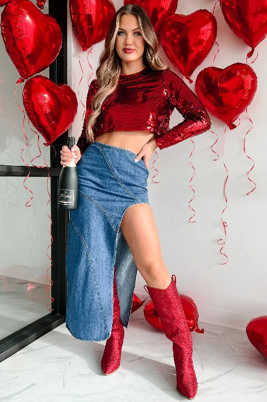 Exclusive Access Bright Lights Long Sleeve Sequin Crop Top (Red)