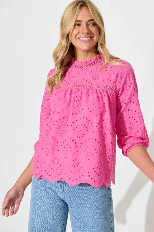 Weekend Sale: Don't Miss Out Donia Top In Pink Embroidery Cotton