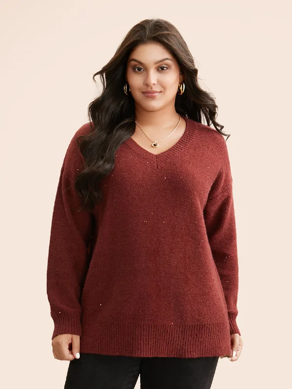 Weekend Discounts to Celebrate V Neck Glitter Dropped Shoulder Split Hem Pullover