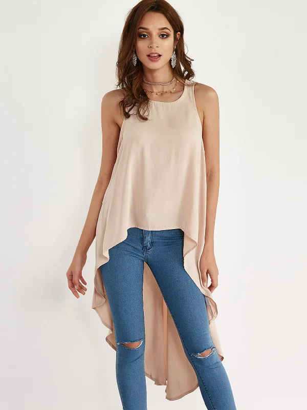 Seasonal Sale Custom Round Neck Backless Sleeveless Irregular Hem Khaki Camis
