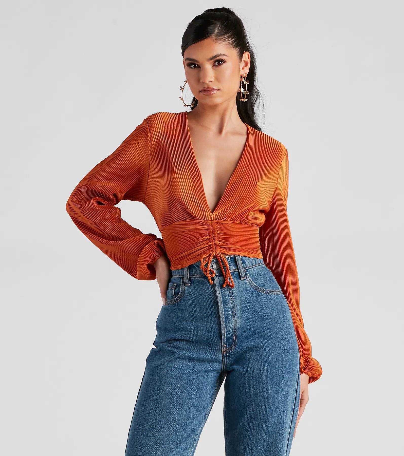 Shop the Weekend Away Posh And Pleated Long Sleeve Crop Top