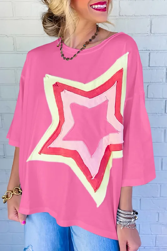 Weekend Offers You Can't Ignore Bonbon Colorblock Star Patched Half Sleeve Oversized Tee
