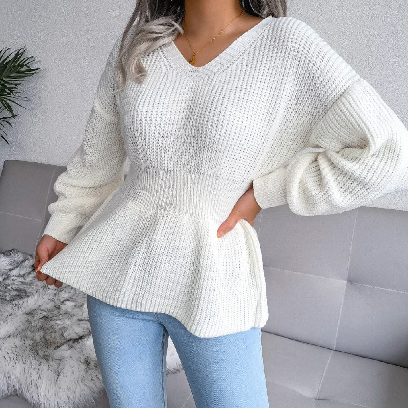 Now or Never Fashion Lantern Sleeve Hem Ruffle Knitted Sweater Wholesale