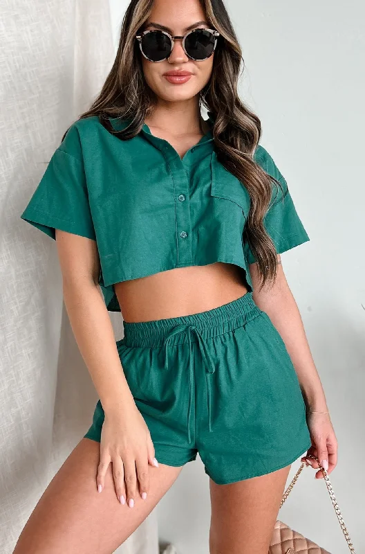 Midnight Sale Fooling Myself Linen Button-Down Shirt & Shorts Set (Hunter)