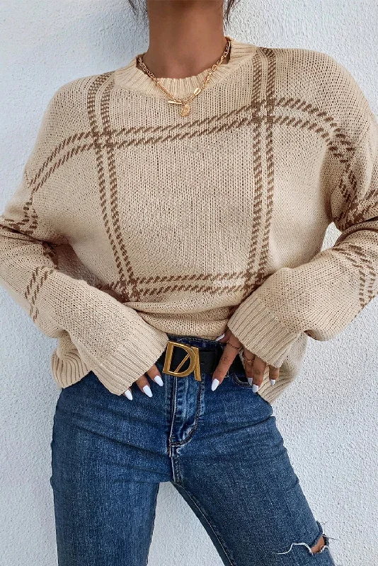 Last Chance KaleaBoutique Plaid Pattern Knitted Drop Shoulder Sweater