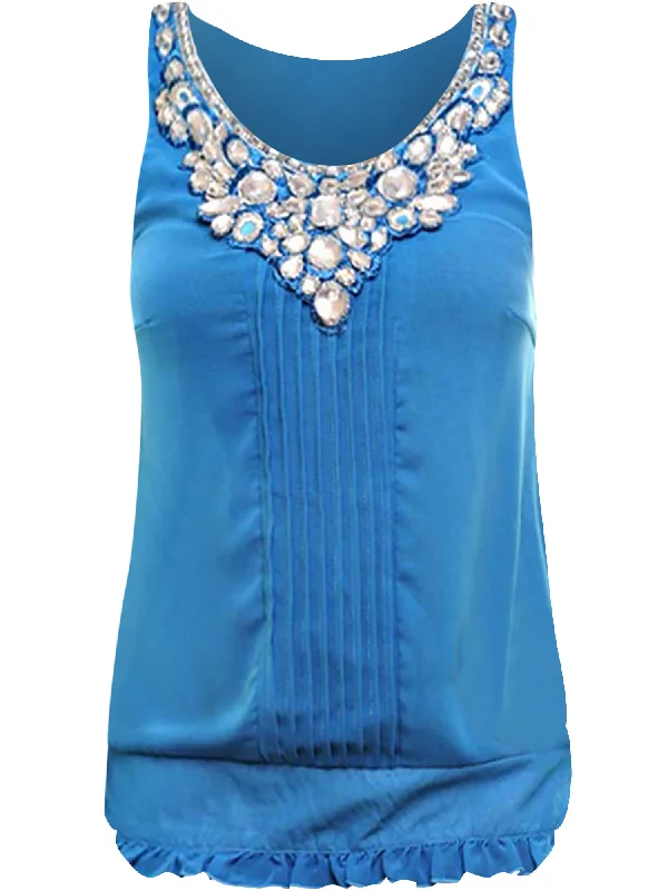 Weekend Specials to Indulge In Turquoise Sleeveless Chiffon Blouse With Rhinestone Trim Neckline Size Small