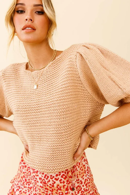 Midnight Madness Marla Puff Sleeve Chunky Knit Top Beige