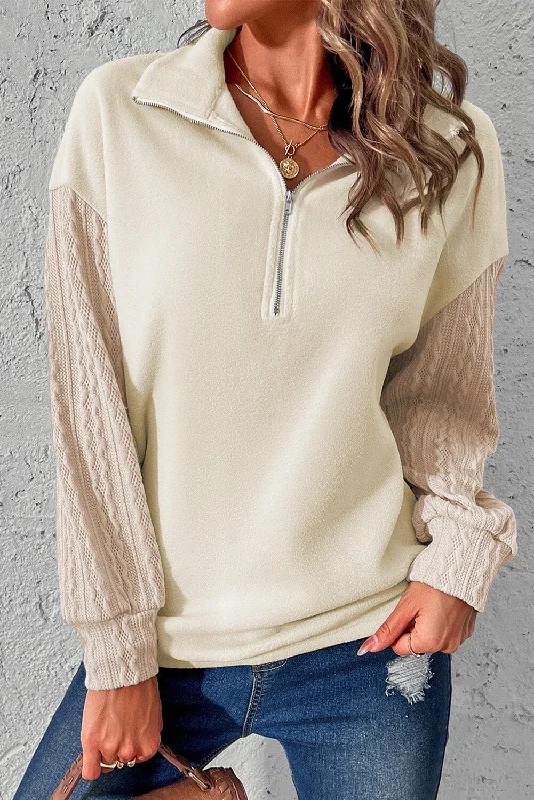 Super Bargain Zip-Up Dropped Shoulder Cable-Knit Sweatshirt