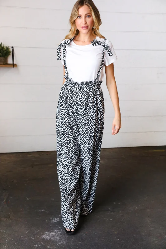 Markdown Sale Black & White Animal Print Wide Leg  Frilled Jumpsuit