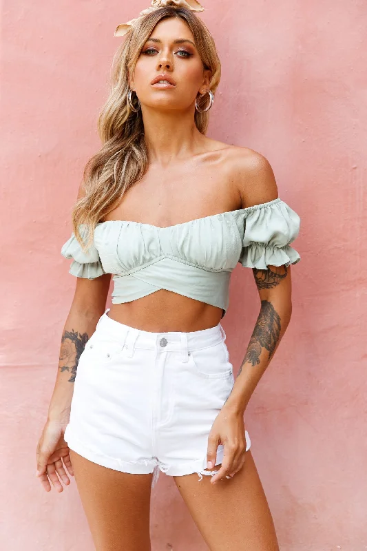 Bonus Offer Linka Off-Shoulder Tie-Back Crop Top Pistachio