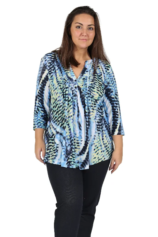 Make Your Weekend Count with Savings Plus Size La Cera Pleat Front Printed Tunic Blue Yellow