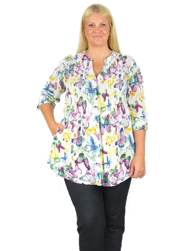 Weekend Deals to Make You Happy Pleat Front Butterfly Printed Cotton Top - Plus Size