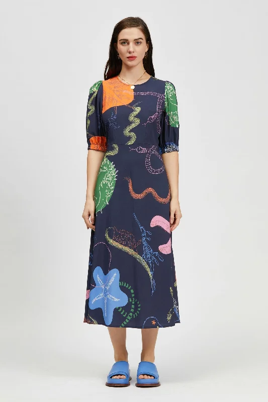 Quick Sale Leo Midi Dress Vida Marinha Print