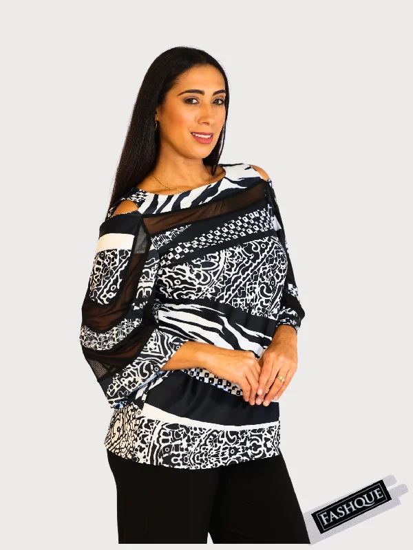 Mega Sale FASHQUE - Cold Shoulder Color Block 3/4 Sleeves Top - T2504