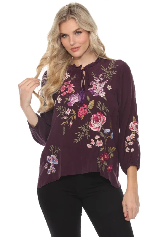 Savings Event Johnny Was Workshop Purple Floral Embroidered Silk Blouse W15224
