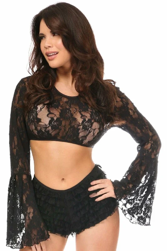 Savings Event Black Sheer Lace Bell Sleeve Peasant Top