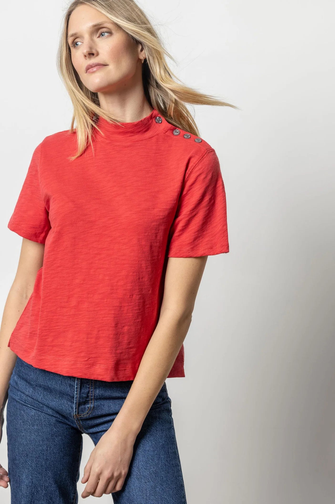 Extra Savings Button Shoulder Mock Neck