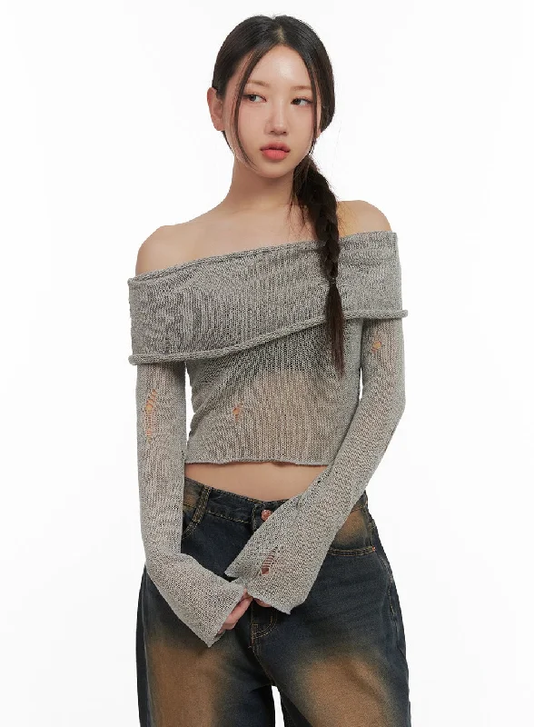 Deal Alert Ripped Mesh Off-Shoulder Cropped Top CO404