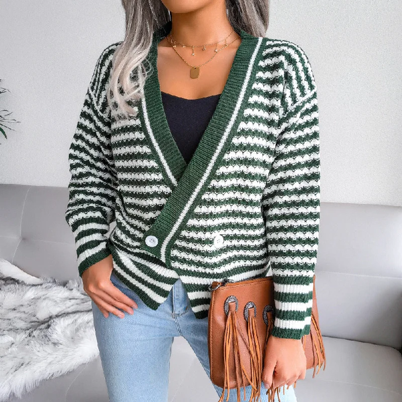 Final Clearance V Neck Striped Long Sleeve Knitted Sweater Wholesale