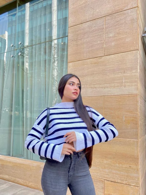 One-Day Only White & Navy striped knitted oversized jumper