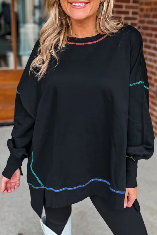 Take Advantage Black Contrast Stitching Split Oversized Sweatshirt