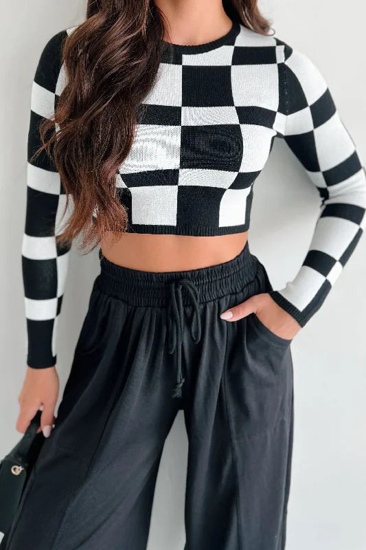 Weekend Discounts to Celebrate Supplying The Demand Checker Knit Long Sleeve Top (Black)