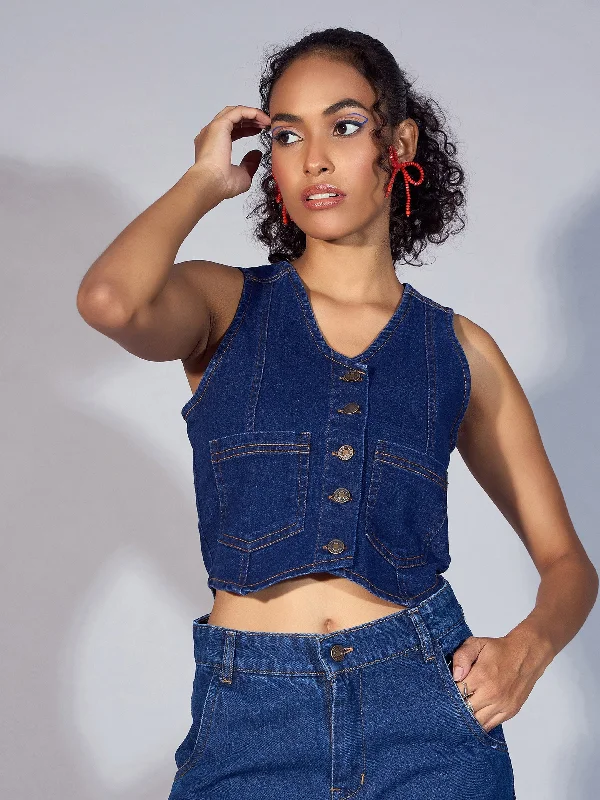 Shop and Save Women Blue Denim Waistcoat Top