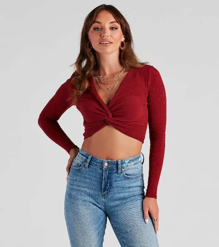 Value Deals Trendy Twist-Front Ribbed Knit Crop Top