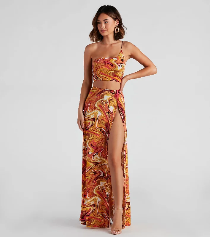 Act Now Retro Swirls One Shoulder Top