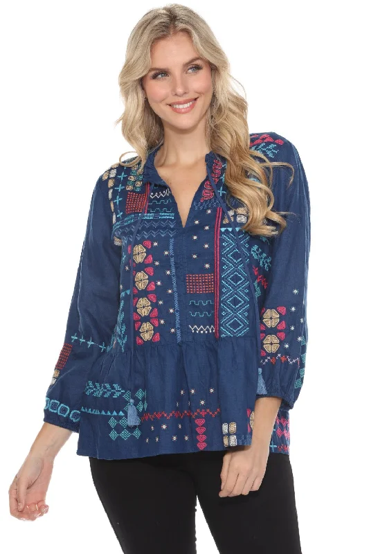 Special Buy Johnny Was JWLA Blue Katie Peplum Field Linen Blouse J13424