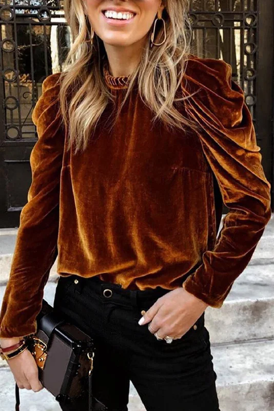 Deal Alert Chestnut Velvet Frilled Neck Ruched Puff Sleeve Top