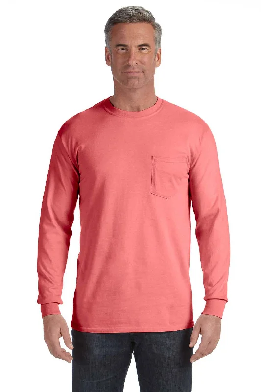 New Markdowns Comfort Colors Mens Long Sleeve Crewneck T-Shirt w/ Pocket - Watermelon Pink