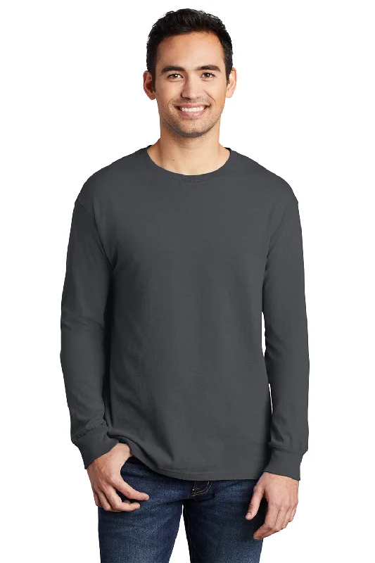 Hurry In Port & Company Mens Beach Wash Long Sleeve Crewneck T-Shirt - Coal Grey