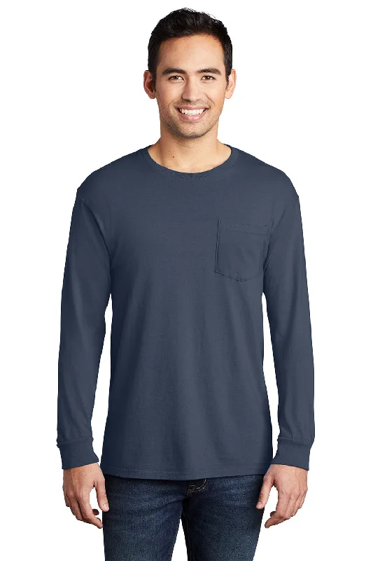 Quick Deals Port & Company Mens Beach Wash Long Sleeve Crewneck T-Shirt w/ Pocket - Denim Blue