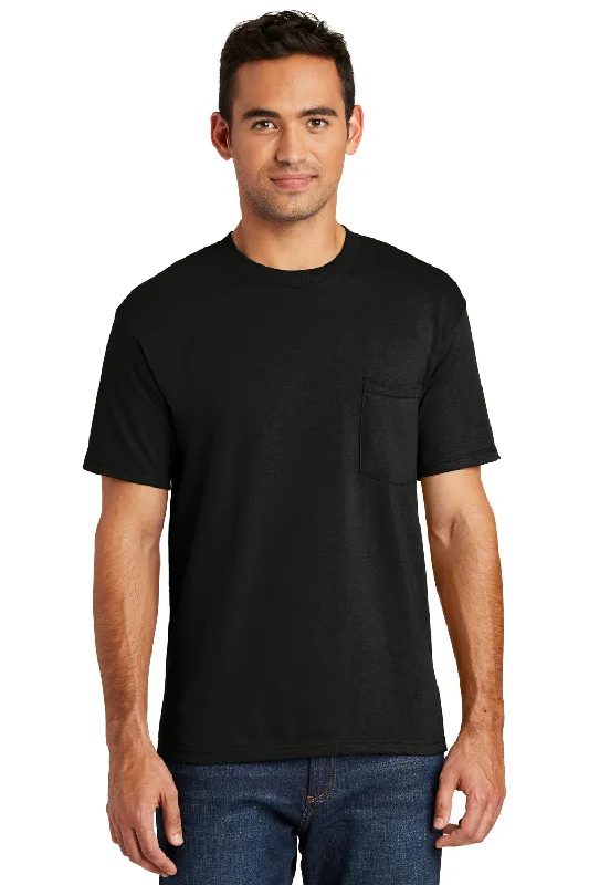 Special Price Port & Company Mens USA Made Short Sleeve Crewneck T-Shirt w/ Pocket - Black - Closeout