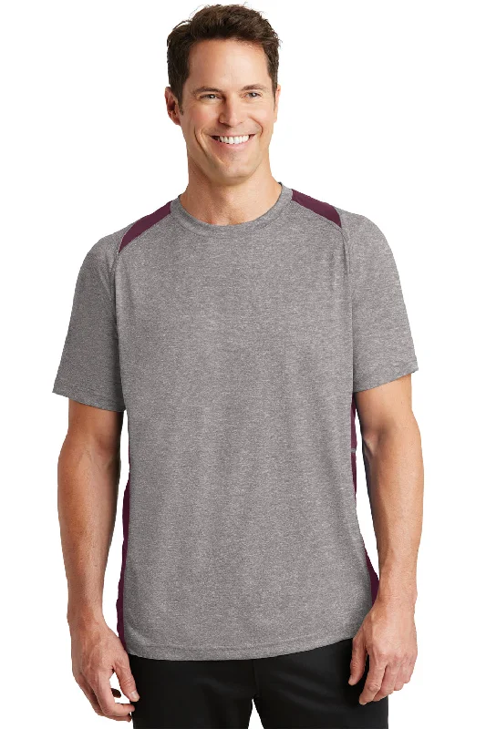Exclusive Deal Sport-Tek Mens Contender Heather Moisture Wicking Short Sleeve Crewneck T-Shirt - Heather Vintage Grey/Maroon - Closeout